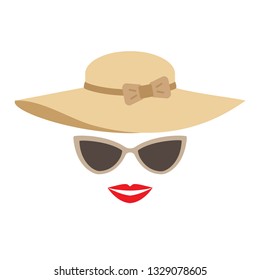 Lady summer hat, sunglasses and lips. Vector illustration