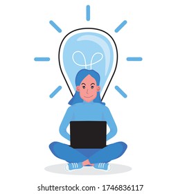 A lady is surfing internet by computer at home and having some great idea about business 