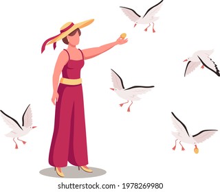 Lady surrounded by soaring seagulls flat color vector faceless character. Gulls flying around woman. Feeding birds on beach isolated cartoon illustration for web graphic design and animation