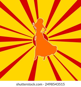 Lady symbol on a background of red flash explosion radial lines. The large orange symbol is located in the center of the sun, symbolizing the sunrise. Vector illustration on yellow background