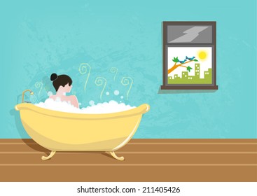 Lady taking a Bath using a Vintage Tub. Vector Illustration.