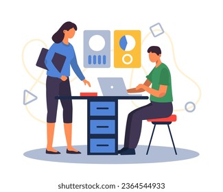 Lady talking with man. Employees solve business issues in office. Concept of increasing productivity in business. Flat vector illustration in cartoon style in blue color