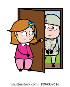 A Lady Talking with a Police Officer - Retro Cartoon Female Housewife Mom Vector Illustration