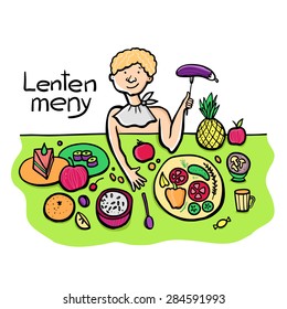 Lady tasting Lent foods. Vector illustration.