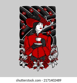 ilustración de dama y té con un trasfondo asombroso