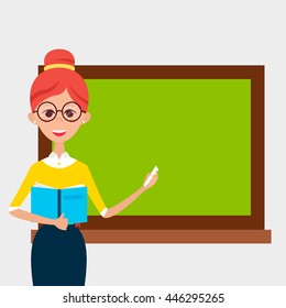 Lady Teacher with Glasses and Book and Empty Chalkboard. Vector Illustration of People Character isolated over White. Back to School. Flat Style Education Concept.