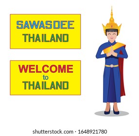 Lady in Thai styles dress and Pay respect drawing in vector with the banner with text - Sawasdee Thailand meaning Welcome to Thailand