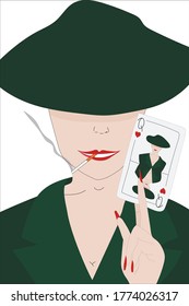 A lady that has a card in her hand. Queen of hearts in the hand of a woman. Woman who's holding a card. Woman smokes during a card game. 