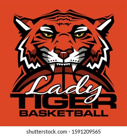 lady tiger basketball team design with mascot and ball for school, college or league