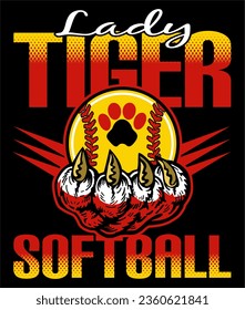 lady tiger softball team design with claw holding a ball for school, college or league sports