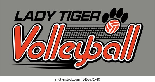 lady tiger volleyball team design with ball and paw print for school, college or league