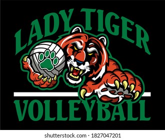lady tiger volleyball team design with mascot holding ball for school, college or league