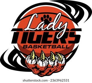 diseño del equipo de baloncesto lady tigers con baloncesto de garras para deportes de escuela, universidad o liga