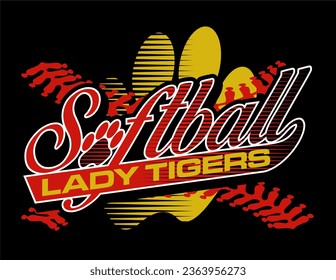 lady tigers softball team design with paw print and stitches for school, college or league sports