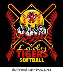 Lady Tigers Softball Team Diamond Design With Claw Holding Ball For School, College Or League