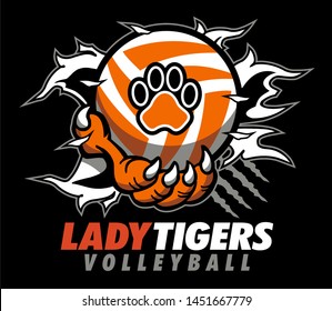 lady tigers volleyball design with claw holding ball and ripping through background for school, college or league