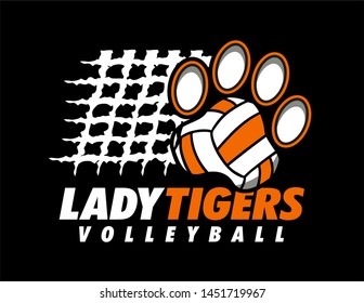 lady tigers volleyball design with paw print ball and net for school, college or league