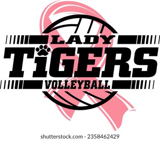 lady tigers volleyball team design with pink cancer ribbon for school, college or league sports