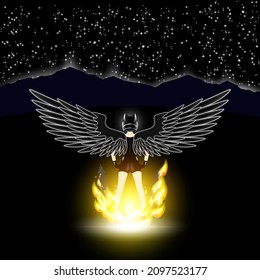 A lady in a tight black latex suit, a motorcycle helmet with ears and spread wings stands with her back, in a bright flame against the background of a night mountain landscape and a starry sky