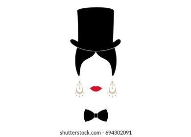 Lady with top hat, Portrait of modern Latin or Spanish woman in male version, Icon isolated, Vector illustration transparent background