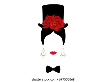 Lady with top hat, Portrait of modern Latin or Spanish woman in male version, Icon isolated, Vector illustration transparent background