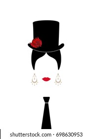 Lady with top hat, red flowers and tie , Portrait of modern Latin or Spanish woman in male version, Icon isolated, Vector illustration transparent background