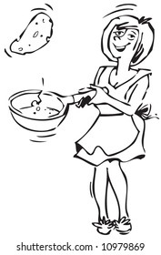 Lady Tossing Up Pancake With Frying Pan