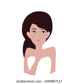 Lady touching her sensual lips by hand. Cute cartoon character. Vector illustration on white background