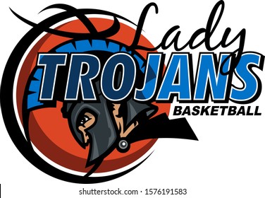 lady trojans basketball team design with helmet and ball for school, college or league