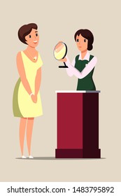 Lady trying on necklace flat vector illustration. Jewelry store customer and worker cartoon characters. Young woman choosing golden accessory. Female seller consultant holding mirror. Luxury lifestyle