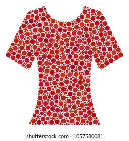 Lady T-Shirt composition of dots in different sizes and color shades. Filled circles are organized into lady t-shirt vector illustration. Vector design concept.