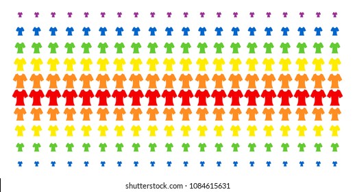 Lady T-Shirt icon rainbow colored halftone pattern. Vector pictograms organized into halftone matrix with vertical spectrum gradient. Designed for backgrounds, covers,