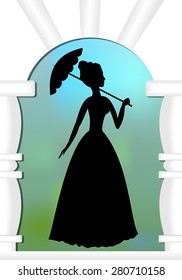 Lady with umbrella in gate, a silhouette on blur green and blue background