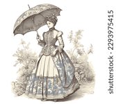 A lady with umbrella in toile de jouy style illustration