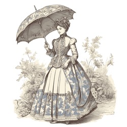 A Lady With Umbrella In Toile De Jouy Style Illustration