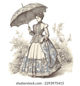 A lady with umbrella in toile de jouy style illustration