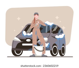 Lady in uniform holding rag and wringing out water, washing car. Place for auto transport wash. Flat vector illustration in blue and brown colors in cartoon style