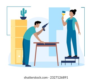 Lady in uniform painting wall, man holding drill at home. Redecorating house interior. Installing washing machine in new flat. Vector flat illustration in blue and yellow colors