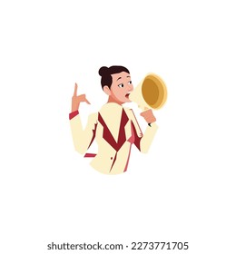 Lady In Uniform Standing Holding Megaphone Presenting Latest Tech Knowledge. Business Woman Showing New Futuristic Technologies. Colored speech bubble with main message.
