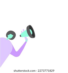 Lady In Uniform Standing Holding Megaphone Presenting Late Tech Knowledge. Business Woman Showing New Futuristic Technologies. Colored speech bubble with main message.