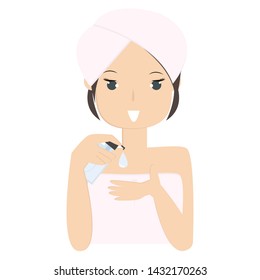 Lady using cleanser. Beauty care concept. Vector flat isolated illustration.
