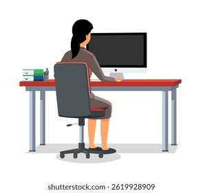 Lady Using Computer Vector, Office Lady Working in Computer, Woman Back three four illustration