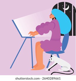 lady using laptop at night with cat by her side vector design clean and unique latest illustration