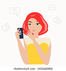 Lady using mobile for texting in social media.Vector illustration on white background.