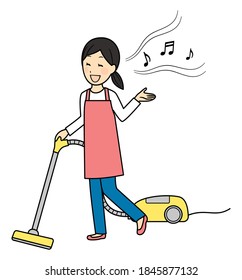 a lady using vacuum cleaner with singing
