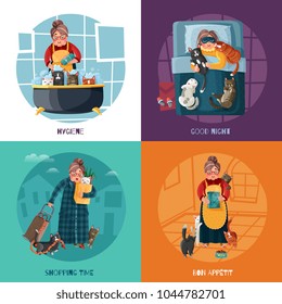 Lady with various cats during pet hygiene, night rest, shopping and feeding design concept isolated vector illustration