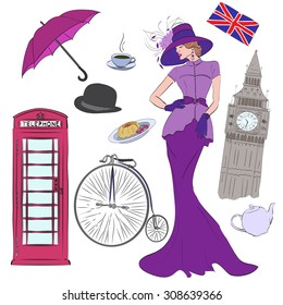 Lady and vector elements of London such as Big Ben, pies, umbrella, flag, hat, coffee, phone booth