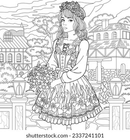 Lady in vintage dress holding floral bouquet. Adult coloring book page with intricate antistress ornament