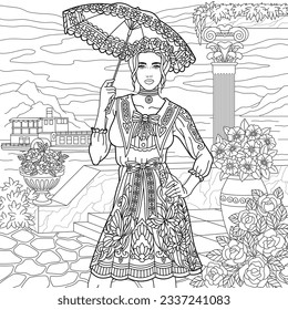 Lady in vintage dress holding summer umbrella. Adult coloring book page with intricate antistress ornament