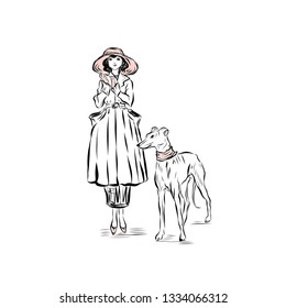 Lady in vintage style applaud standing with dog. Woman dressed in coat and broad-brim hat. Drawing for coloring. Graphic silhouette. 